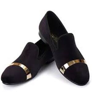 Men Velvet Loafers Handmade Flats Shoes with Gold Plate, Size 7